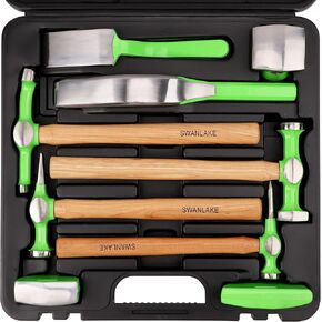 SWANLAKE GARDEN TOOLS 9Pcs Auto Body Hammer and Dolly Set, Heavy Duty Car Body Dent Repair Tool Kit with Carrying Case, Wood Handles, Performance Carbon Steel Hammers and Dollies Set, Fender Tool Set