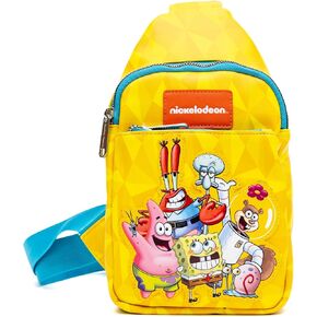 Nickelodeon Vegan Leather Crossbody Sling Bag with Adjustable Straps, SpongeBob SquarePants and Friends Pose Applique, Yellow