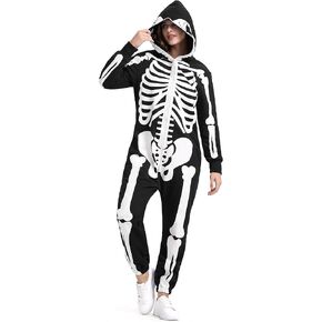 Halloween Skeleton Costume for Women Adult Cozy Hoodie Skeleton Onesie Jumpsuit Outfit Front and Back Print Party