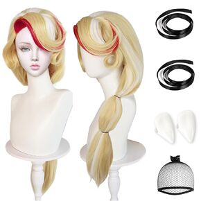 Anogol Hair Cap+(2 Fangs+2Black Rubber Band) Charlie Morningstar Wig for Women Charlie Morningstar Cosplay Wig Long Blonde Wig with Bungs Anime Outfit for Halloween Party Wig