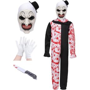 Kids Terrifier Costume Art The Clown Costume Mask Killer Clown Halloween Cosplay Outfit for Boys Girls 4-14 Years