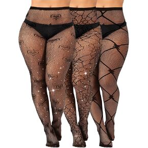 Geyoga 3 Pair Plus Size Rhinestone Fishnets Stockings Glitter Sparkly Tights High Waist Black Fishnet Pantyhose for Women