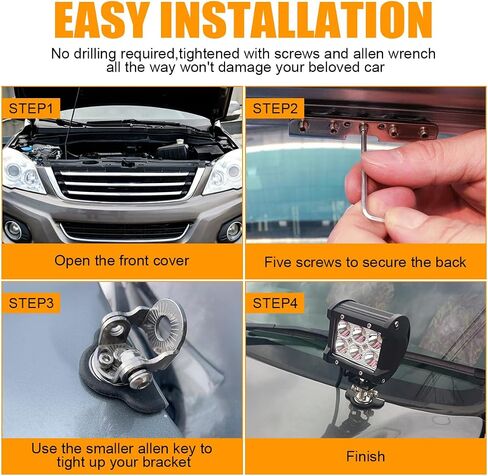 LED Light Bar Mounting Bracket, Universal Led Hood Light Mounts 304 Stainless Steel Hood Clamp Lights Mounts Compatible with Off Road Jeep Truck SUV - Installing Without Drilling(Black) in Saudi Arabia