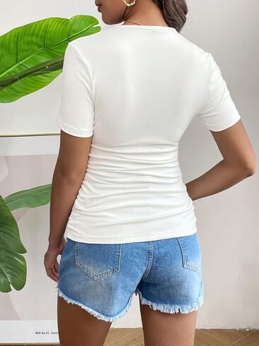Women's Short Sleeve Ruched Maternity Tees Shirts Slim Fit Round Neck Pregnancy T Shirt Basic Tops in Saudi Arabia