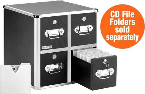 Vaultz 4-Drawer CD File Cabinet, Locking DVD & CD Storage Box, Black | Locking filing unit holds hundreds of discs with no cases, key lock keeps media secure, sturdy steel corners, black finish in Kuwait