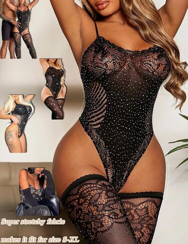 Womens Sexy Rhinestone bodysuit Fishnet Bodystocking Plus Size Tights Soft Nightwear Smock Lingerie One Size in Saudi Arabia