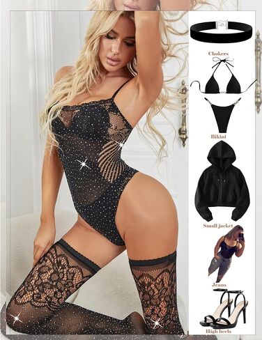 Womens Sexy Rhinestone bodysuit Fishnet Bodystocking Plus Size Tights Soft Nightwear Smock Lingerie One Size in Saudi Arabia