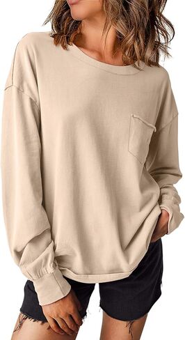 EVALESS Womens Casual Fall Tops 2024 Crewneck Long Sleeve Shirts Dropped Shoulder Loose Fit Basic T Shirts Cotton Tee Clothes in Saudi Arabia