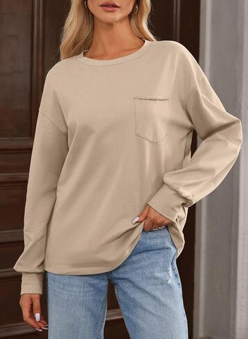 EVALESS Womens Casual Fall Tops 2024 Crewneck Long Sleeve Shirts Dropped Shoulder Loose Fit Basic T Shirts Cotton Tee Clothes in Saudi Arabia