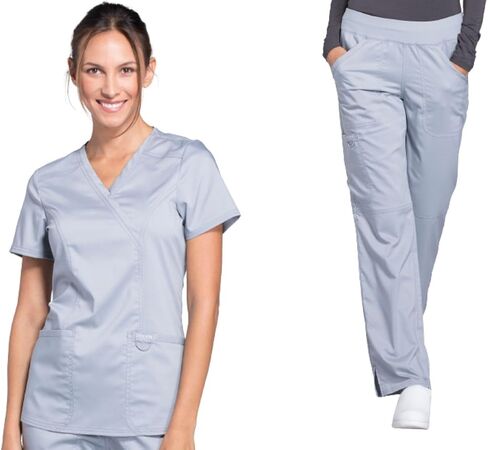 Cherokee Women Scrubs Set Workwear Revolution WW610 Mock Wrap Top & WW110 Mid Rise Straight Leg Pull-on Pant, Grey- L Top/L Pant in Saudi Arabia