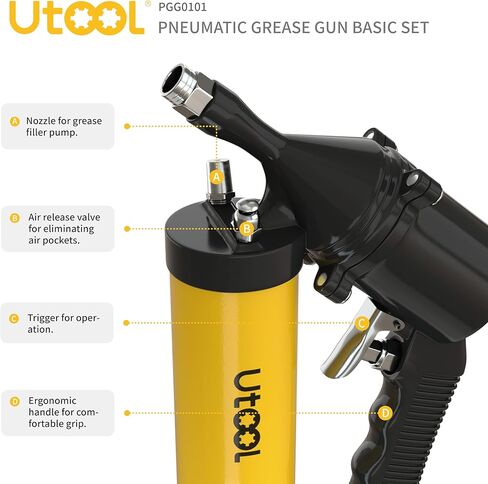 مسدس الشحوم الهوائي UTOOL، الوضع المستمر، طقم مسدس الشحوم الذي يعمل بالهواء 6000 رطل لكل بوصة مربعة، تحميل 14 أونصة، خرطوم مرن من الراتنج مقاس 18 بوصة، 1 أنبوب ثني تمديد، 1 فوهة من النوع الحاد، 1 مقرنة أساسية، 1 منظف زيرك in Kuwait