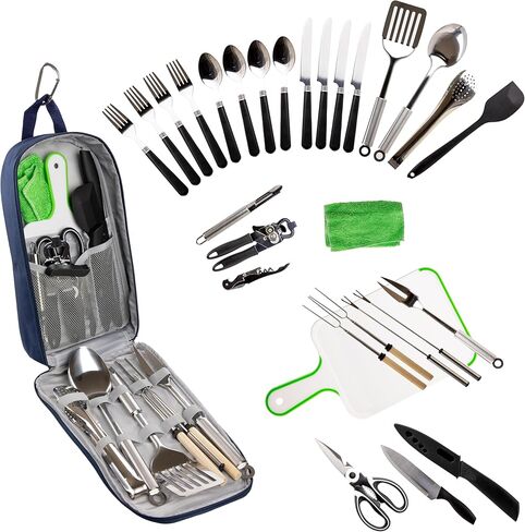 Camp Cooking Utensil Set & Outdoor Kitchen Gear Cookware Kit, Portable Compact Carry Case for Camping, Hiking, Travel, BBQ Grilling Stainless Steel Accessories Spoon & Fork in Saudi Arabia