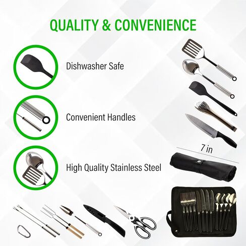 Camp Cooking Utensil Set & Outdoor Kitchen Gear Cookware Kit, Portable Compact Carry Case for Camping, Hiking, Travel, BBQ Grilling Stainless Steel Accessories Spoon & Fork in Saudi Arabia