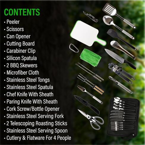 Camp Cooking Utensil Set & Outdoor Kitchen Gear Cookware Kit, Portable Compact Carry Case for Camping, Hiking, Travel, BBQ Grilling Stainless Steel Accessories Spoon & Fork in Saudi Arabia