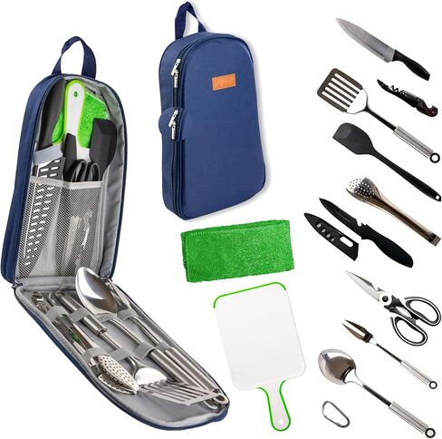 Camp Cooking Utensil Set & Outdoor Kitchen Gear Cookware Kit, Portable Compact Carry Case for Camping, Hiking, Travel, BBQ Grilling Stainless Steel Accessories Spoon & Fork in Saudi Arabia