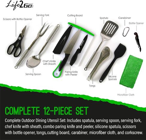 Camp Cooking Utensil Set & Outdoor Kitchen Gear Cookware Kit, Portable Compact Carry Case for Camping, Hiking, Travel, BBQ Grilling Stainless Steel Accessories Spoon & Fork in Saudi Arabia