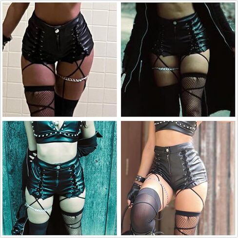 شورت نسائي مثير عالي الخصر من الجلد الصناعي برباط مع رباط ملفوف على الساق in Kuwait