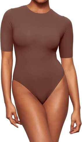REORIA Womens Fashion Crew Neck Short Sleeve Double Lined T-Shirts Basic Going Out Bodysuit Tops in Saudi Arabia