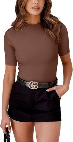 REORIA Womens Fashion Crew Neck Short Sleeve Double Lined T-Shirts Basic Going Out Bodysuit Tops in Saudi Arabia