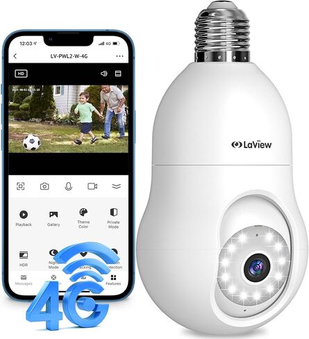 كاميرا مراقبة LaView 4MP لمبة 2.4 جيجا هرتز، 360 درجة 2K كاميرات أمنية لاسلكية خارجية وداخلية بالألوان الكاملة ليلاً ونهارًا، كشف الحركة، إنذار مسموع، سهلة التركيب، متوافقة مع Alexa (أسود) in Kuwait