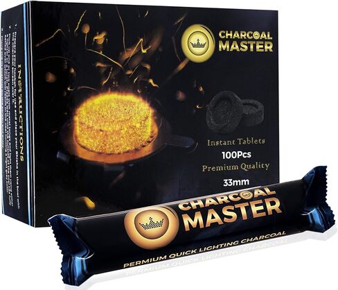 فحم سريع الإضاءة جديد من Charcoal Master - أقراص فحم فورية - أقراص فحم البخور - أقراص فحم - مجموعة من 100 قرص فحم في كل صندوق - قوالب فحم سريعة الإضاءة (كبسولة 33 مم) in Kuwait