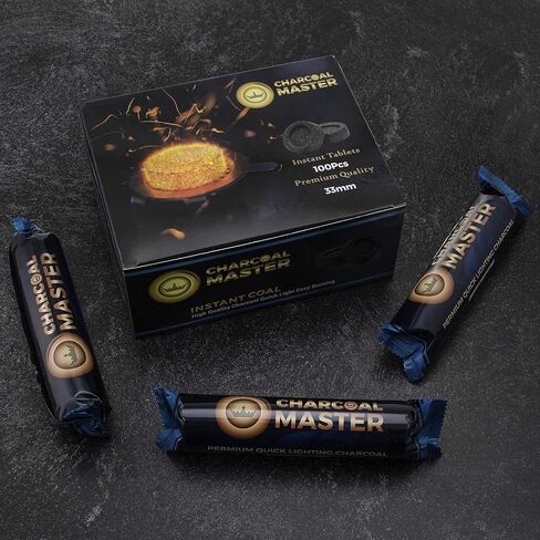 فحم سريع الإضاءة جديد من Charcoal Master - أقراص فحم فورية - أقراص فحم البخور - أقراص فحم - مجموعة من 100 قرص فحم في كل صندوق - قوالب فحم سريعة الإضاءة (كبسولة 33 مم) in Kuwait