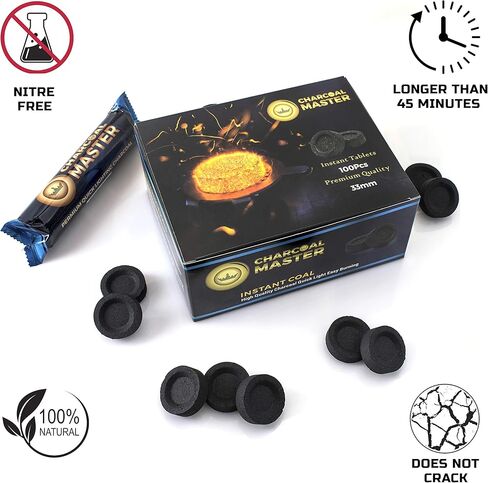 فحم سريع الإضاءة جديد من Charcoal Master - أقراص فحم فورية - أقراص فحم البخور - أقراص فحم - مجموعة من 100 قرص فحم في كل صندوق - قوالب فحم سريعة الإضاءة (كبسولة 33 مم) in Kuwait