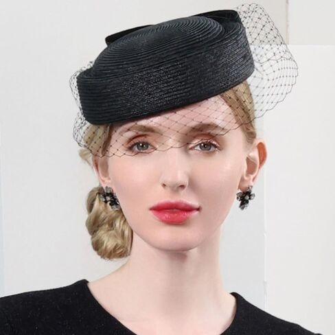British Vintage Elegant Pillbox Hat with Veil Bowknot Ladies Bridal Wedding Women Fascinator Hat Mesh Fedoras in Saudi Arabia