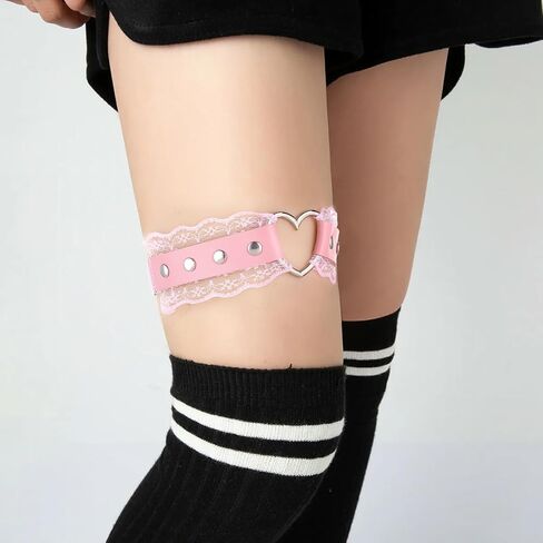 Women's Adjustable Thigh Garter Belt, 2 Pieces Lace Heart Garter Belt Gothic Leg Harness Leather Thigh Strap Belt Anti-Slip Thigh Ring Garter Elastic Thigh Garters Accessories for Women Girls, Pink in Saudi Arabia