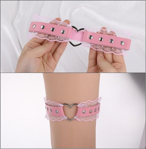 Women's Adjustable Thigh Garter Belt, 2 Pieces Lace Heart Garter Belt Gothic Leg Harness Leather Thigh Strap Belt Anti-Slip Thigh Ring Garter Elastic Thigh Garters Accessories for Women Girls, Pink in Saudi Arabia