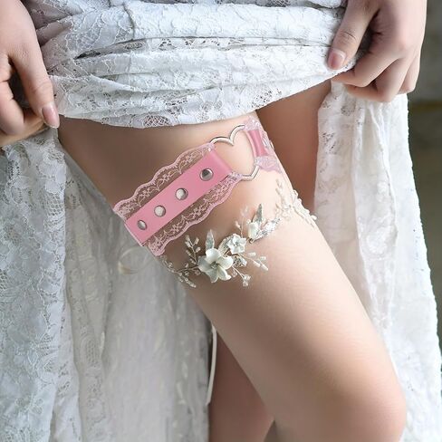 Women's Adjustable Thigh Garter Belt, 2 Pieces Lace Heart Garter Belt Gothic Leg Harness Leather Thigh Strap Belt Anti-Slip Thigh Ring Garter Elastic Thigh Garters Accessories for Women Girls, Pink in Saudi Arabia
