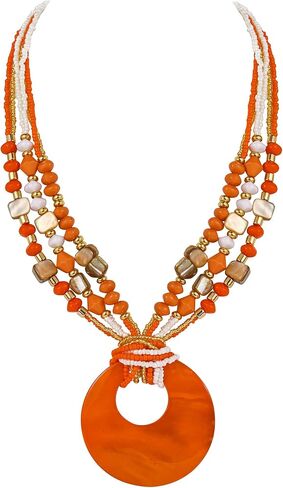 Coiris Shell Pendant Statement Strand Necklace for Women Boho Multi Beads Natural Stone Colorful Necklace Bohemian Handmade Chunky Shell Beaded Collar Jewelry for Women in Kuwait