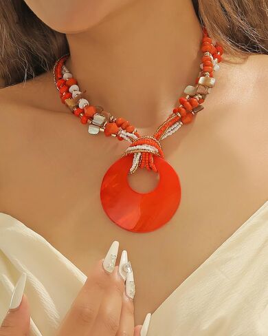 Coiris Shell Pendant Statement Strand Necklace for Women Boho Multi Beads Natural Stone Colorful Necklace Bohemian Handmade Chunky Shell Beaded Collar Jewelry for Women in Kuwait
