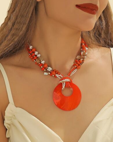 Coiris Shell Pendant Statement Strand Necklace for Women Boho Multi Beads Natural Stone Colorful Necklace Bohemian Handmade Chunky Shell Beaded Collar Jewelry for Women in Kuwait