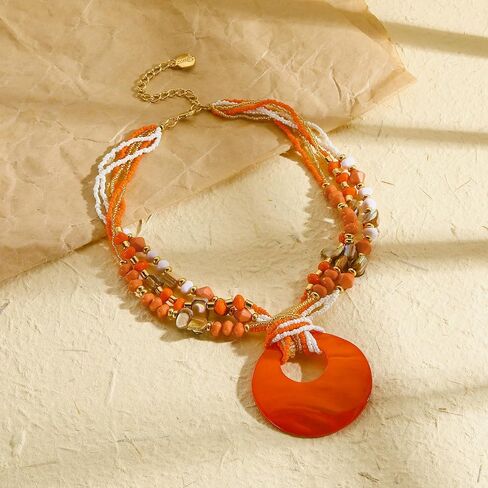 Coiris Shell Pendant Statement Strand Necklace for Women Boho Multi Beads Natural Stone Colorful Necklace Bohemian Handmade Chunky Shell Beaded Collar Jewelry for Women in Kuwait