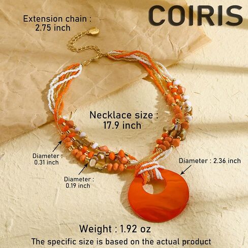Coiris Shell Pendant Statement Strand Necklace for Women Boho Multi Beads Natural Stone Colorful Necklace Bohemian Handmade Chunky Shell Beaded Collar Jewelry for Women in Kuwait