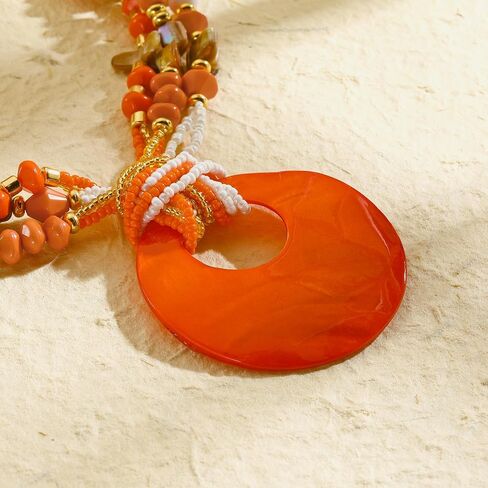 Coiris Shell Pendant Statement Strand Necklace for Women Boho Multi Beads Natural Stone Colorful Necklace Bohemian Handmade Chunky Shell Beaded Collar Jewelry for Women in Kuwait