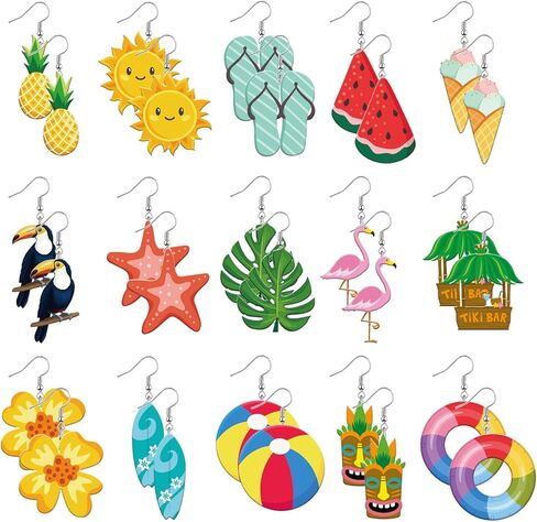15 Pairs Summer Earrings for Women Hawaiian Tropical Acrylic Dangle Earrings Hawaii Flower Pineapple Leaf Swimming Earring with Nickel Free Hooks for Girl Women Ladies Gift in Saudi Arabia
