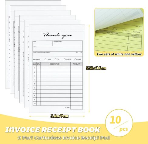 10 عبوات من وسادات الإيصالات المحمولة مقاس 3.4 بوصة × 5.5 بوصة، كتاب إيصالات الشكر، جزءان من فاتورة المبيعات الخالية من الكربون وكتيب طلب المبيعات للشركات الصغيرة، 500 مجموعة بيضاء/أصفر in Kuwait