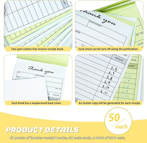 10 عبوات من وسادات الإيصالات المحمولة مقاس 3.4 بوصة × 5.5 بوصة، كتاب إيصالات الشكر، جزءان من فاتورة المبيعات الخالية من الكربون وكتيب طلب المبيعات للشركات الصغيرة، 500 مجموعة بيضاء/أصفر in Kuwait