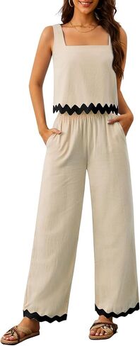 Women's 2 Piece Outfits Summer Sets Linen Sleeveless Crop Tank Top Wide Leg Pants Cruise Vacation Lounge Matching Sets in Saudi Arabia
