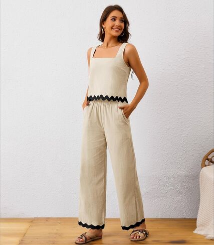 Women's 2 Piece Outfits Summer Sets Linen Sleeveless Crop Tank Top Wide Leg Pants Cruise Vacation Lounge Matching Sets in Saudi Arabia