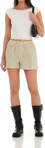 Women's Striped Shorts Ruffle Hem Mini Shorts Elastic High Waisted Straight Leg Summer Beach Shorts Y2k Streetwear in Saudi Arabia