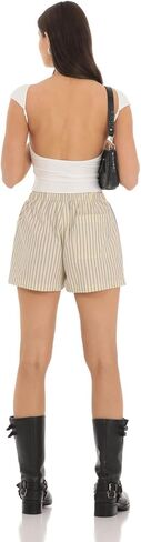 Women's Striped Shorts Ruffle Hem Mini Shorts Elastic High Waisted Straight Leg Summer Beach Shorts Y2k Streetwear in Saudi Arabia