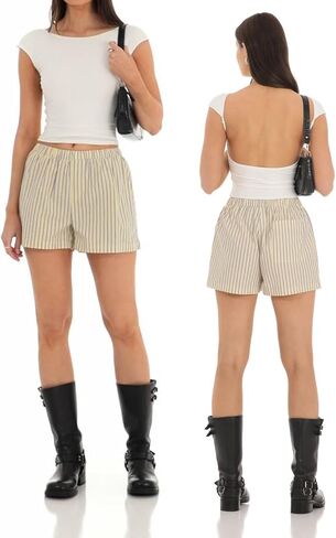 Women's Striped Shorts Ruffle Hem Mini Shorts Elastic High Waisted Straight Leg Summer Beach Shorts Y2k Streetwear in Saudi Arabia