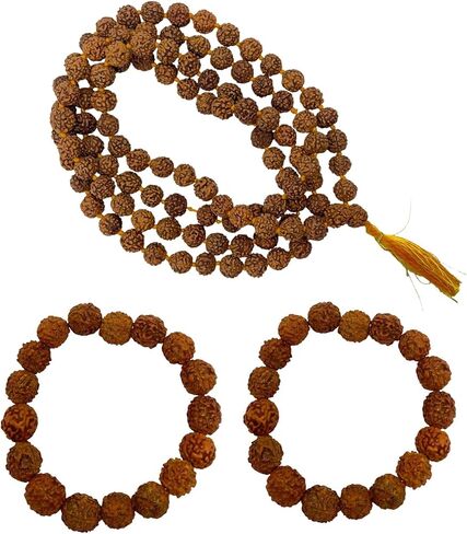 NAISHA (عبوة مكونة من 3 أساور Rudraksha قابلة للتمدد قطعتين. & Rudraksha Mala 108+1 قلادة خرز 5 mukhi Paanch mukhi 5 وجه Rudraksha، خرزات صلاة، لف المعصم Mala، Jaap Mala، مقاس الخرزة 8 مم in Kuwait