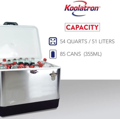 مبرد مشروبات ثلج من الفولاذ المقاوم للصدأ من Koolatron مع فتاحة زجاجات، سعة 51 لترًا (54 قيراطًا)، مبرد محمول بسعة 85 علبة، فضي وأسود، للتخييم والشاطئ والمركبات الترفيهية وحفلات الشواء والتخييم وصيد الأسماك in Saudi Arabia