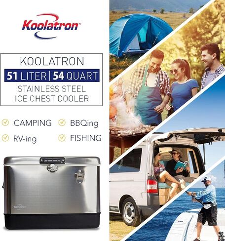 مبرد مشروبات ثلج من الفولاذ المقاوم للصدأ من Koolatron مع فتاحة زجاجات، سعة 51 لترًا (54 قيراطًا)، مبرد محمول بسعة 85 علبة، فضي وأسود، للتخييم والشاطئ والمركبات الترفيهية وحفلات الشواء والتخييم وصيد الأسماك in Saudi Arabia
