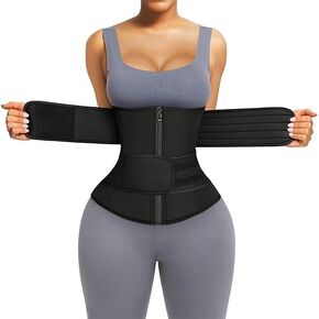 Sweat Waist Trainer for Women Two Belts, Neoprene Workout Corset Waist Trainer Cincher Trimmer Shaper Zipper, Black