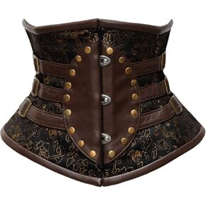 luvsecretlingerie 18 Double Steel Boned Waist Training Brocade & Genuine Leather Underbust Tight Shaper Corset #8706